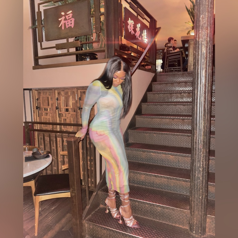 Shailene Mesh Dress - Multi Watercolor-M-